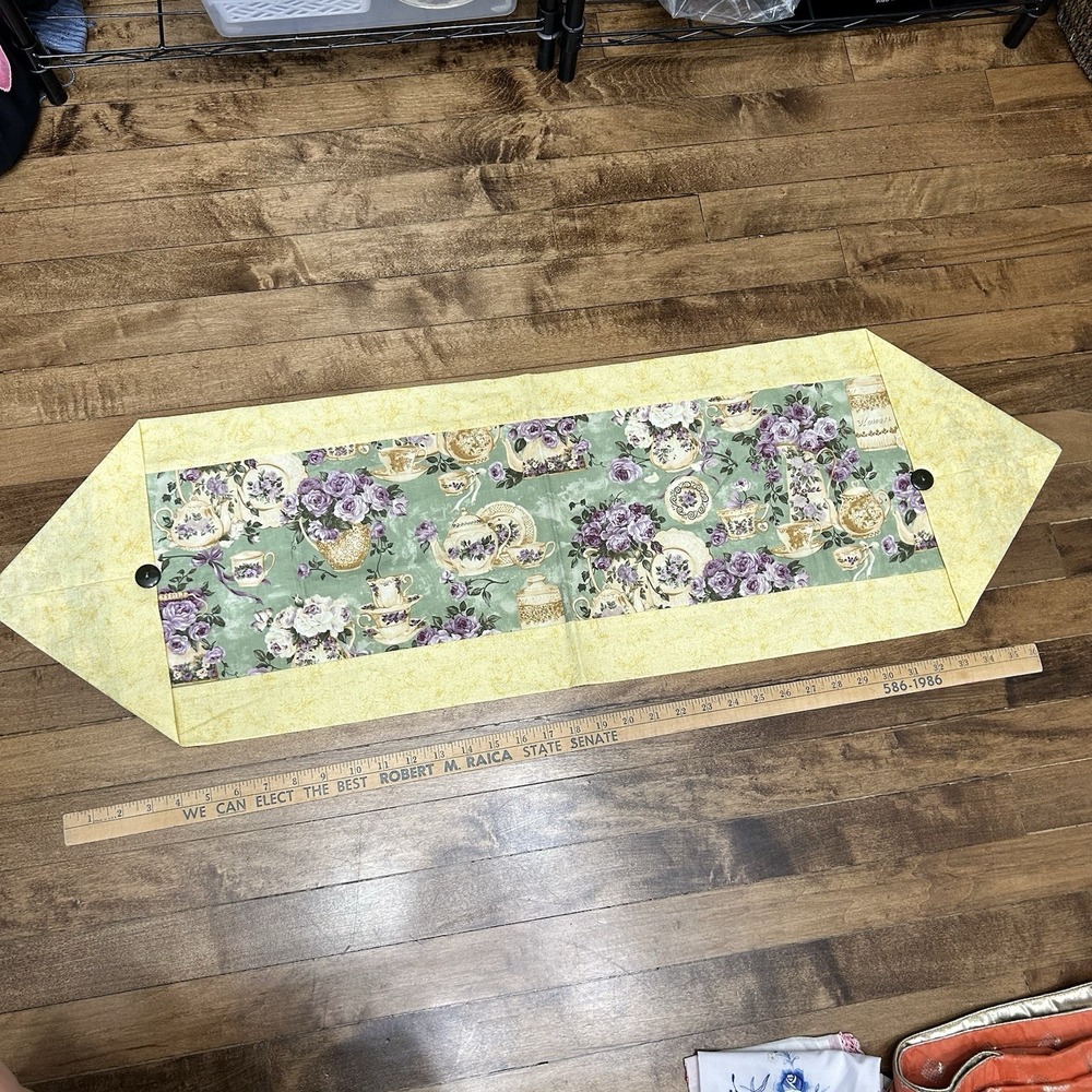 Vintage Table Runner Teapots Floral 41"X13" Tea Pot Grandma Kitchen Cottage Core